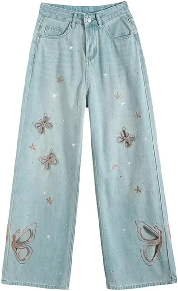 

Женские джинсы с вышивкой бабочки в ретро-стиле, высокая посадка, прямой крой, корейский стиль