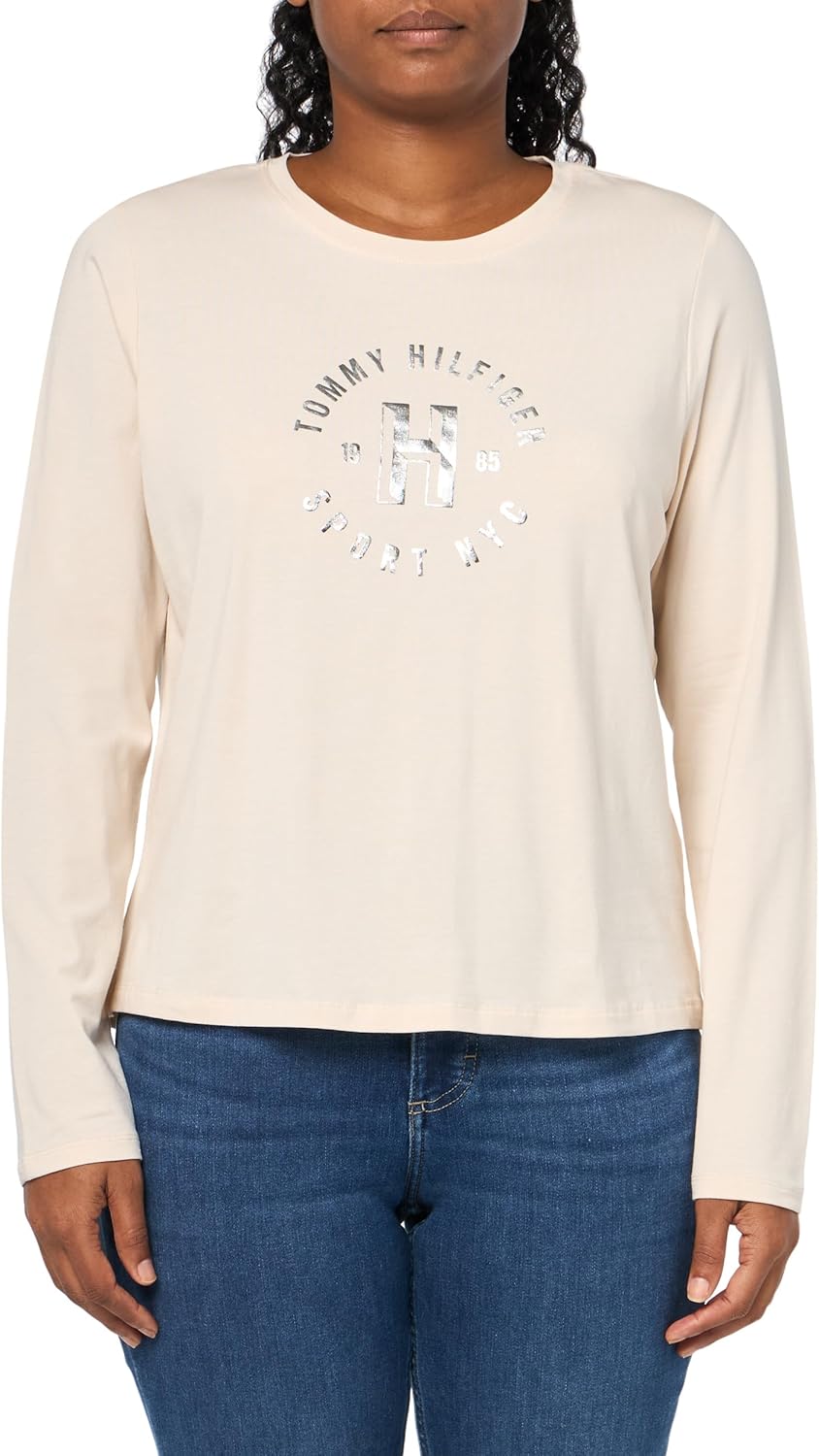 

Женская рубашка Tommy Hilfiger с круглым вырезом и длинными рукавами и металлическим логотипом, Pebble