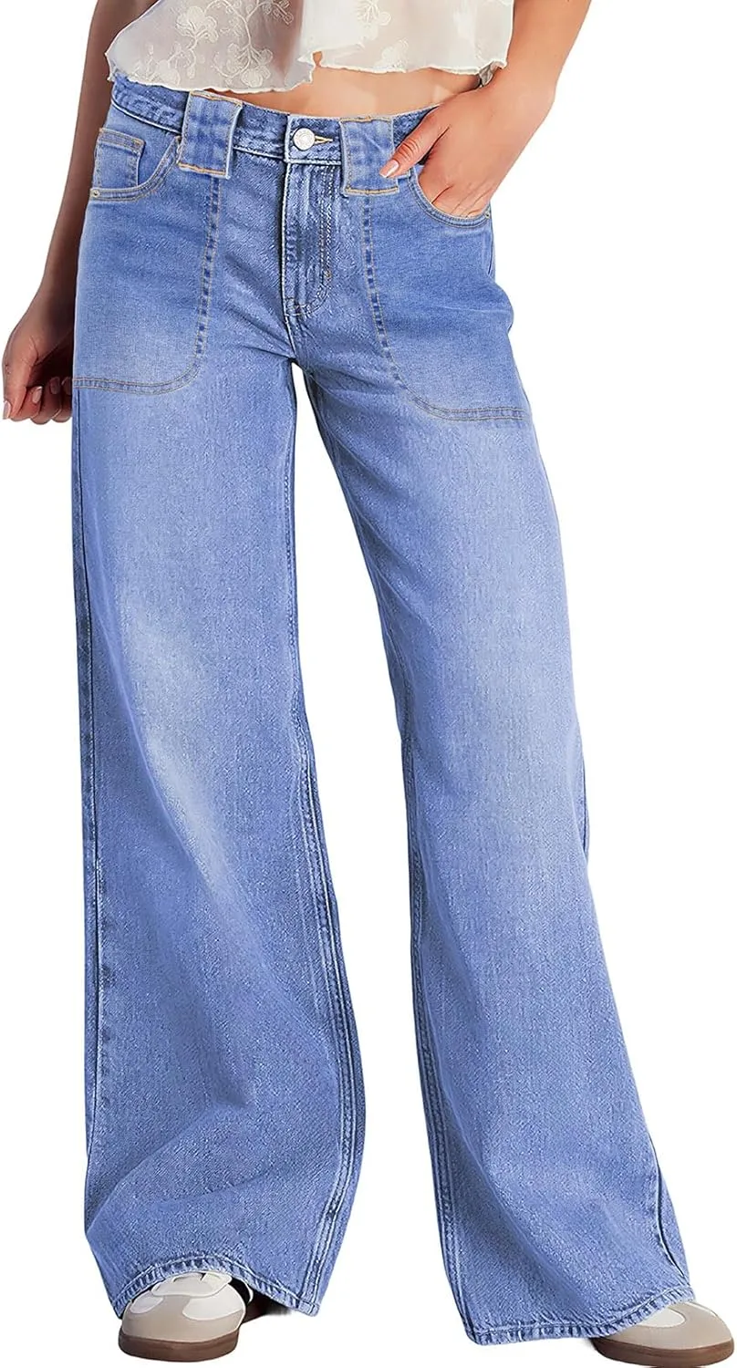 

Женские джинсы Astylish с широкими штанинами, завышенной талией и накладными карманами спереди