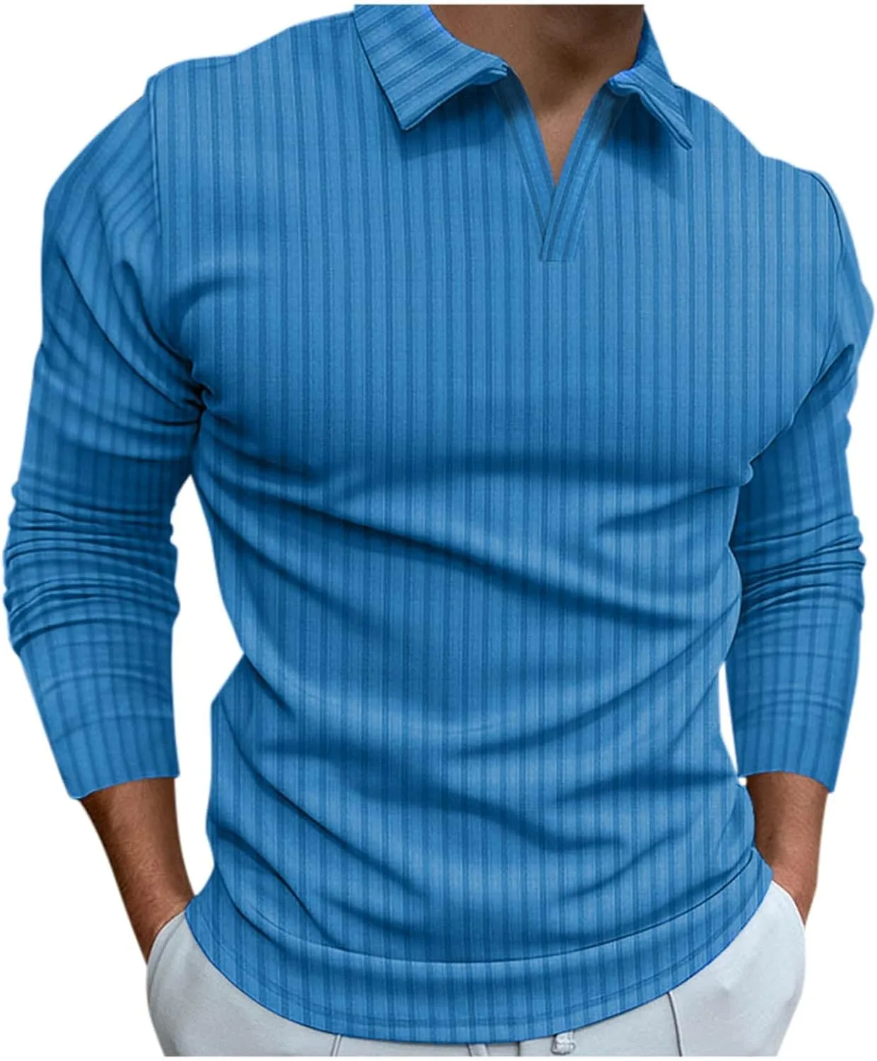 

V-образный вырез поло для мужчин, длинный рукав, полосатый, облегающий