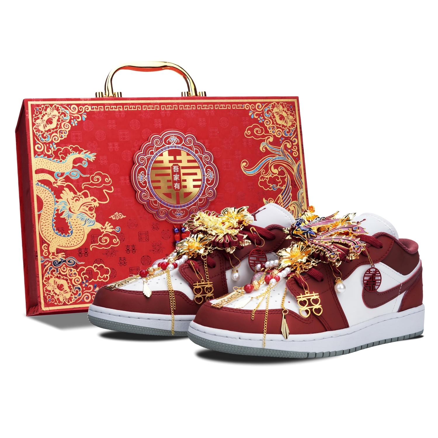 

Кроссовки Air 1 Auspicious Dragon And Phoenix свадебные, кожаные, противоскользящие, низкие Jordan, red