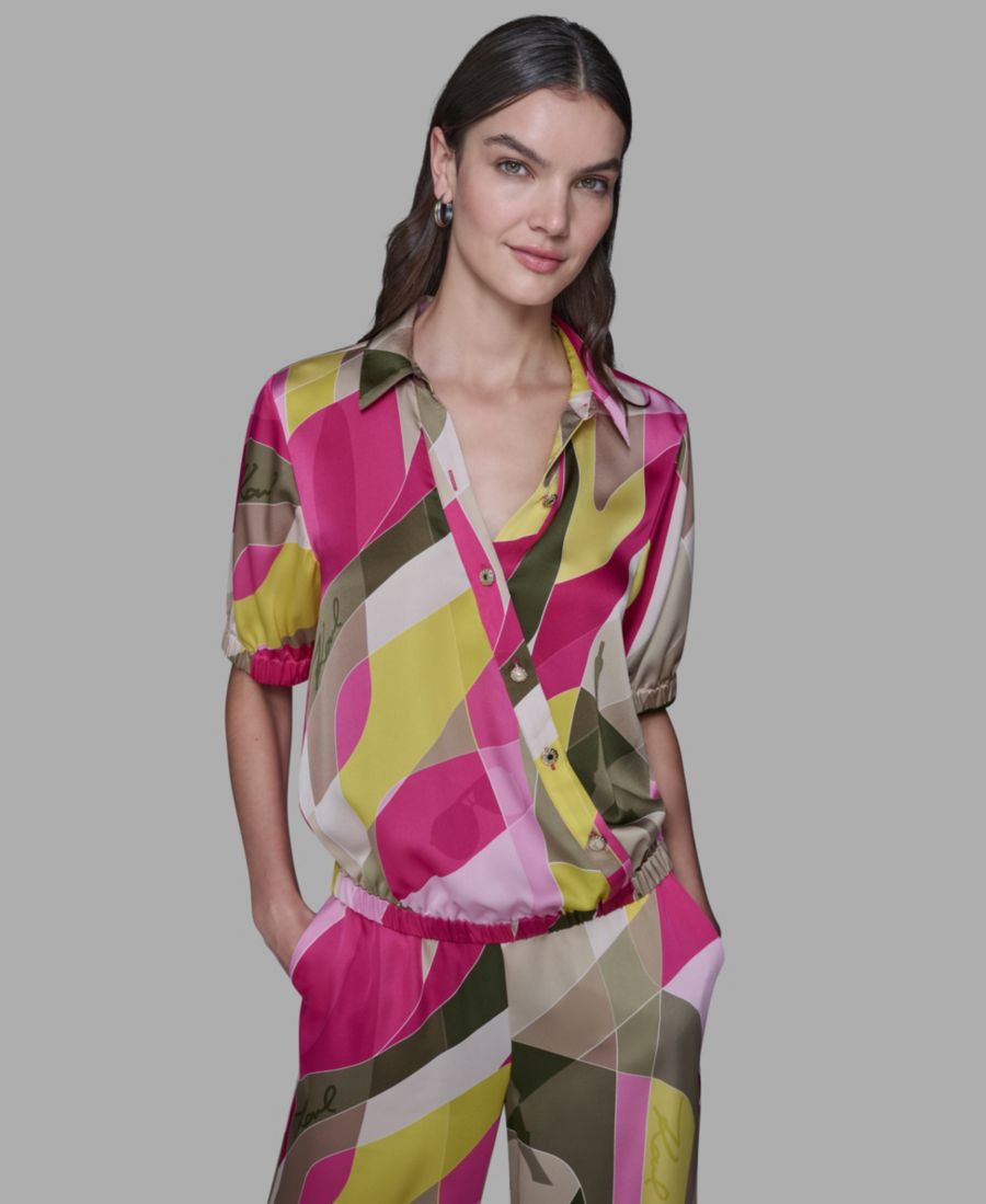 

Женская блузка с V-образным вырезом и принтом KARL LAGERFELD PARIS, Rouge/Olive Multi