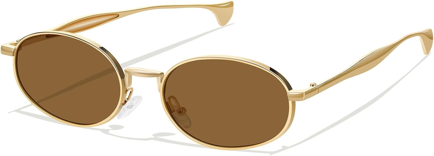 

Солнцезащитные очки золотистого овального цвета для женщин и мужчин, ретро-дизайн, металлический стиль, модные солнцезащитные очки в стиле 70-х, защита от УФ-излучения YMRFW, Gold/Brown