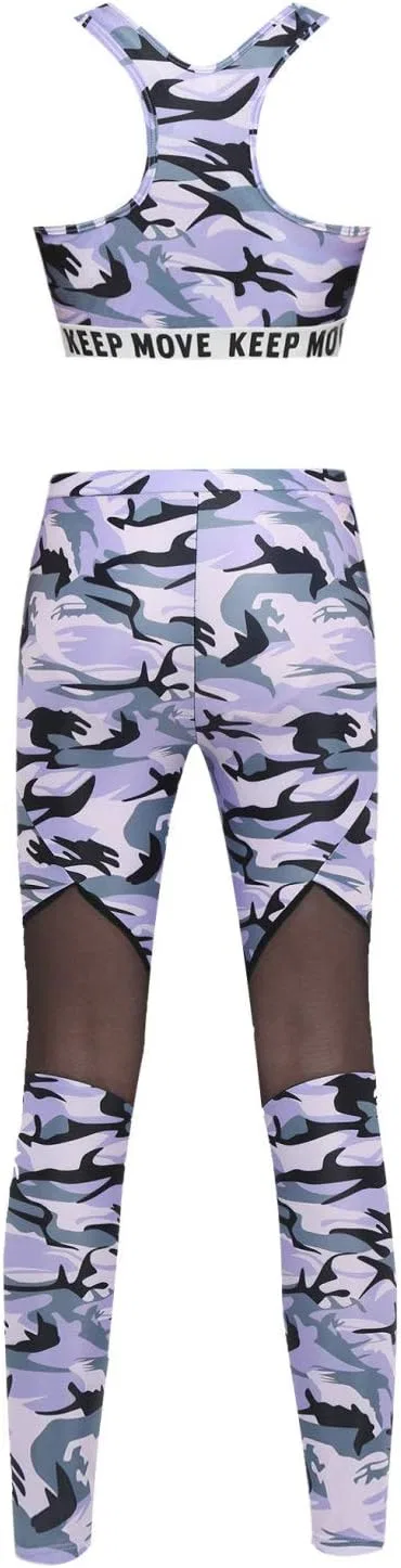 Детский спортивный комплект Moily, топ с принтом и леггинсы с сеткой, Camouflage Purple — фото 2