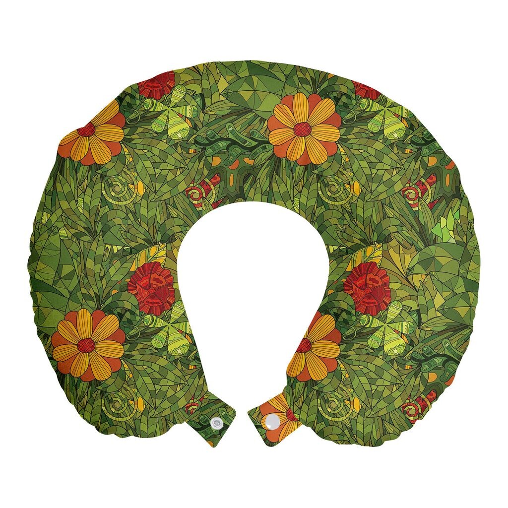 

ABAKUHAUS Flowers Дорожная подушка для шеи, Fractal Retro Jungle Art, Пенопластовые дорожные принадлежности для самолета и автомобиля, 30x30 см, Оливково-зеленый киноварь