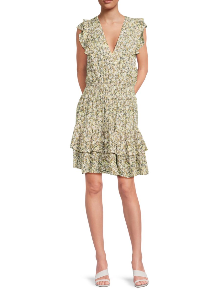 

Мини-платье из вискозы с цветочным принтом и оборками DKNY, цвет Dusty Floral Multi