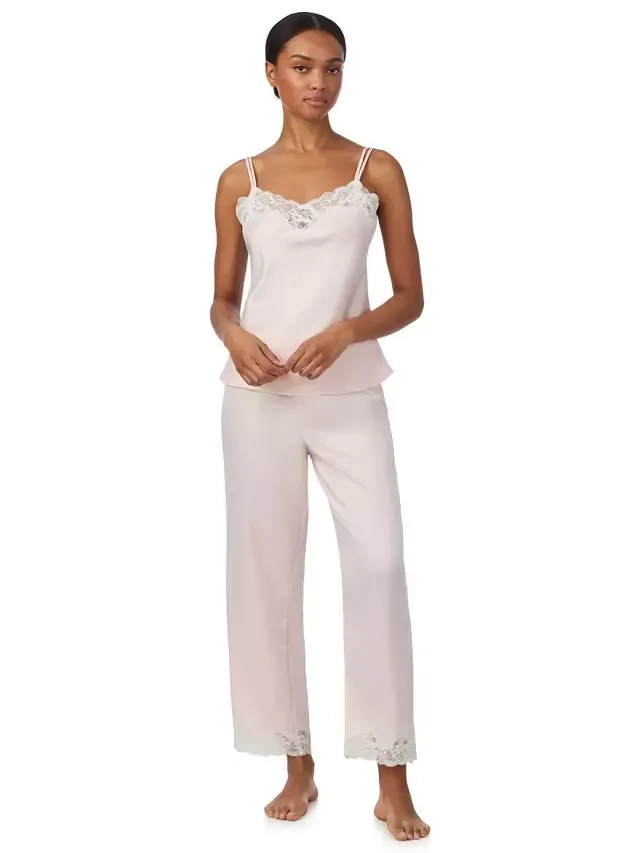 Длинный пижамный комплект Lauren из атласной кружевной майки Ralph Lauren, Pink