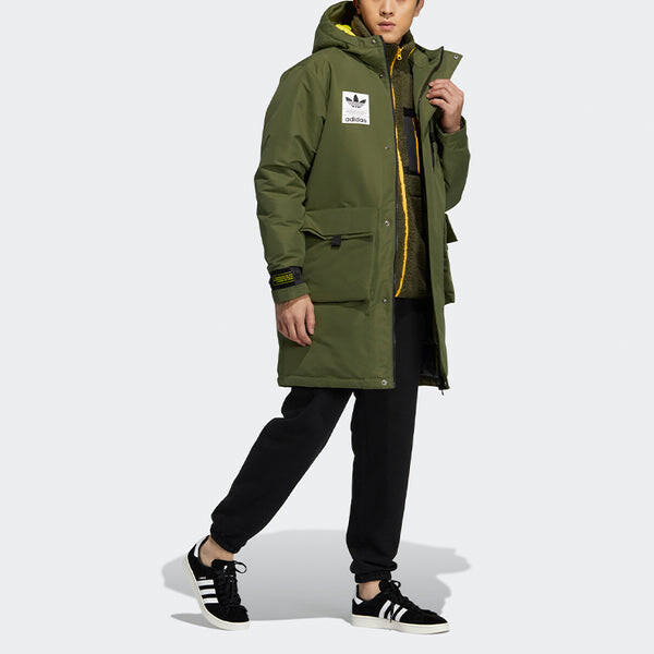 Пуховик Men's adidas originals 2 In 1 Solid Color Long Hooded With Down Feather Dark Olive Green Jacket, зеленый — фото 3