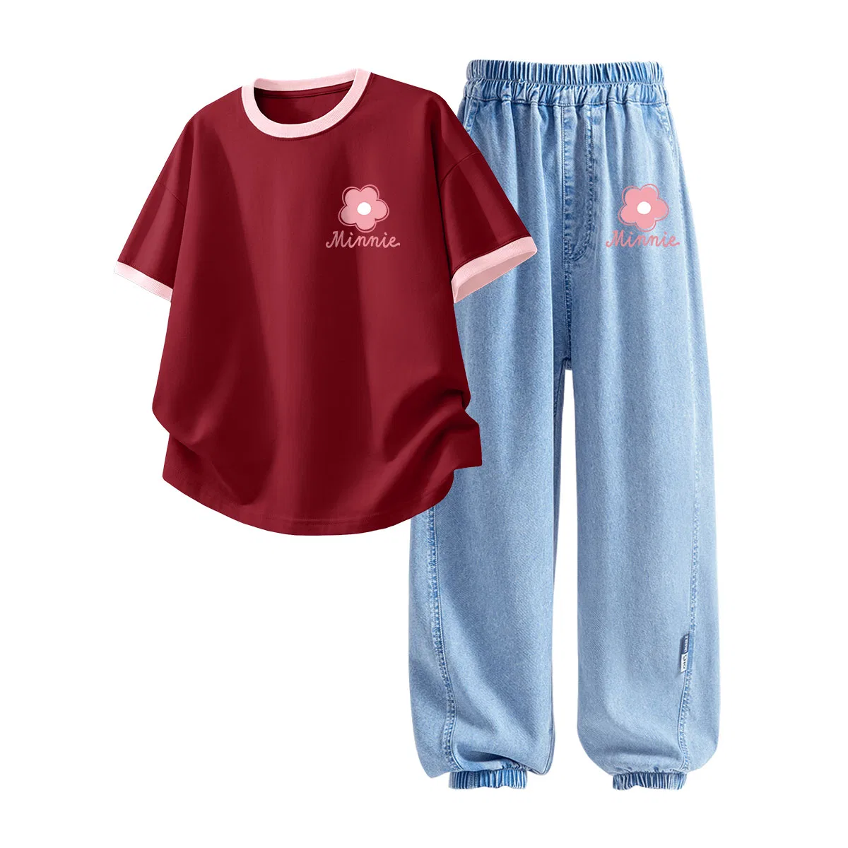 Детская повседневная спортивная футболка с круглым вырезом Disney, Dark F Small Flower K Burgundy+Dark F Small Flower K Denim Light Blue