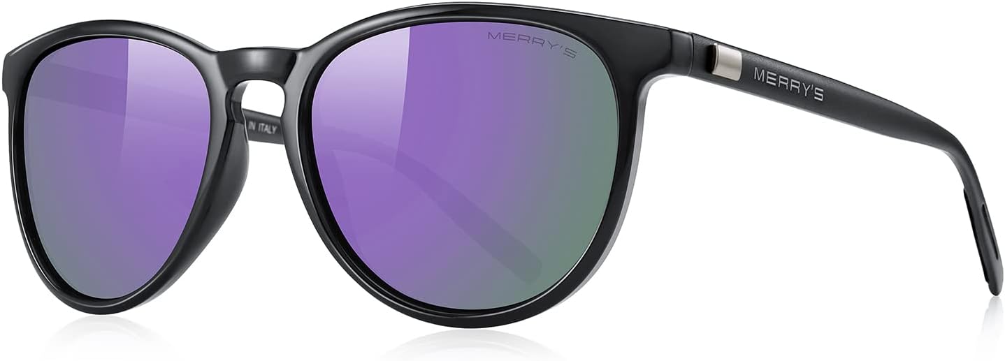 

Поляризованные солнцезащитные очки MERRY'S для женщин и мужчин, винтажный ретро-классический стиль, круглая оправа, алюминиевые дужки, модель S8288, Black Frame/Purple Mirror Lens/Black Temples
