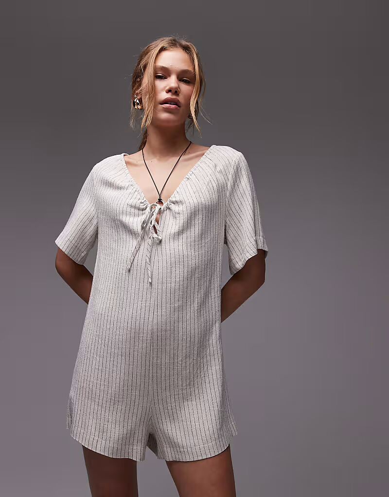 

Комбинезон Topshop с завязками спереди в полоску натурального цвета