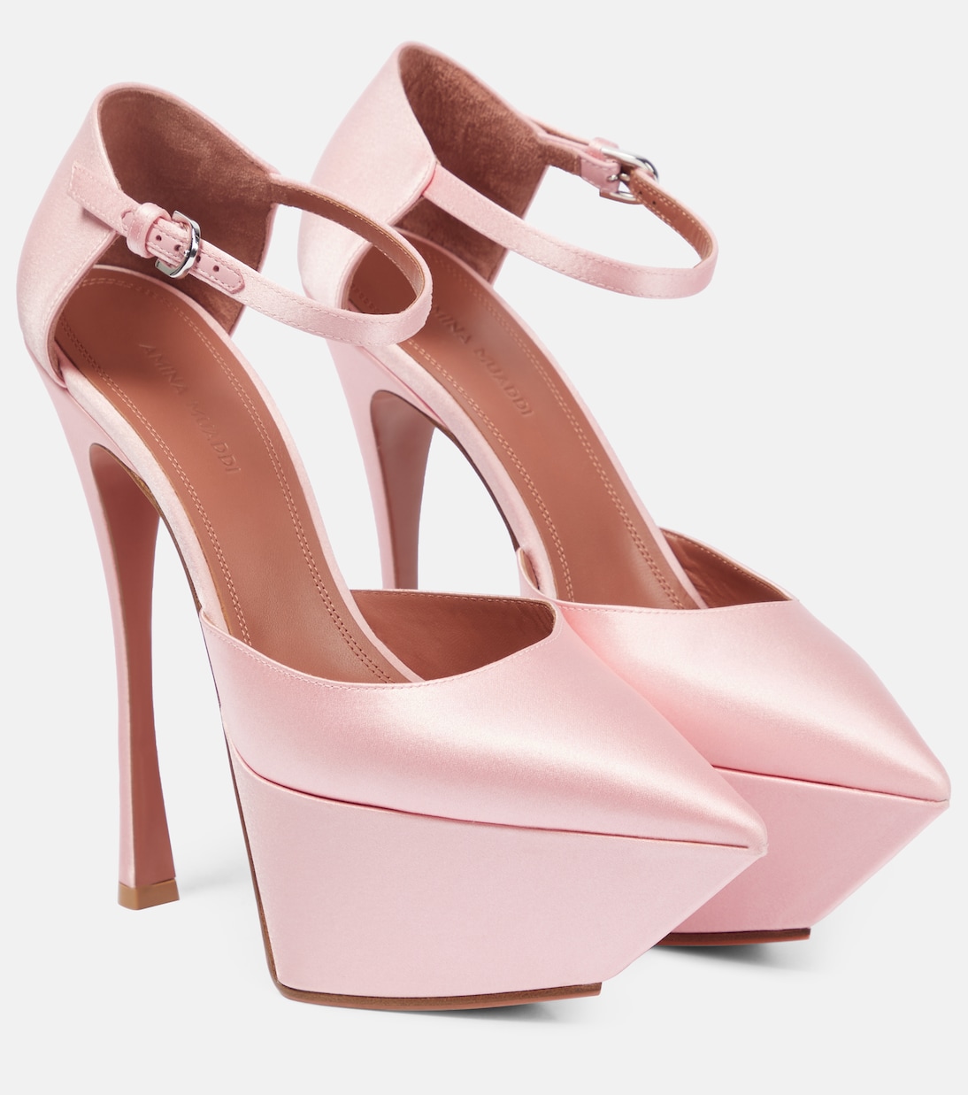 Атласные туфли Angelica на платформе Amina Muaddi, Baby Pink