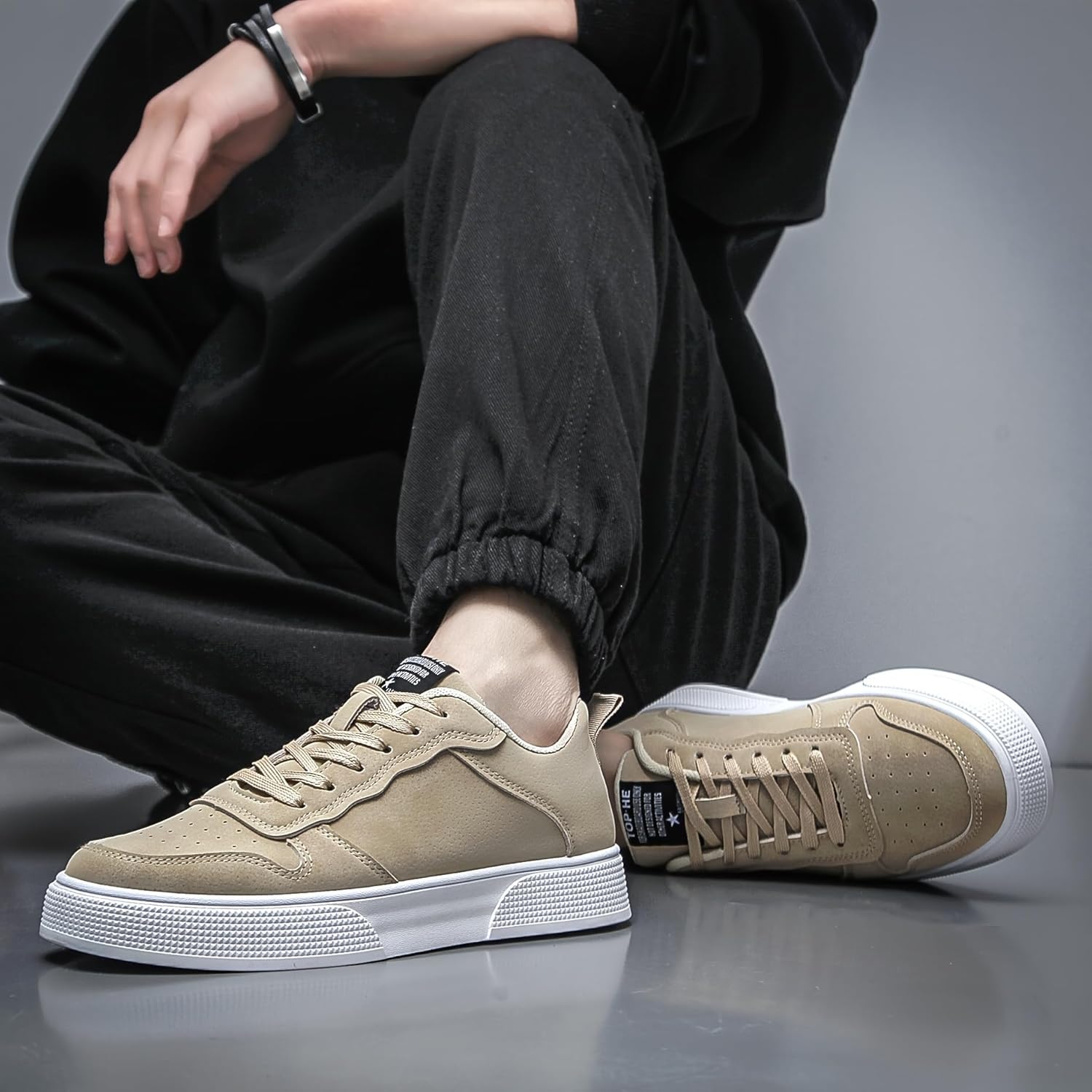 Мужские повседневные кроссовки на шнуровке Everyday Comfort - оливково-зеленые низкие скейт-шуз с белой подошвой, дышащей текстильной подкладкой и прочной подошвой из ПВХ для комфорта на весь день Hoalox — фото 4