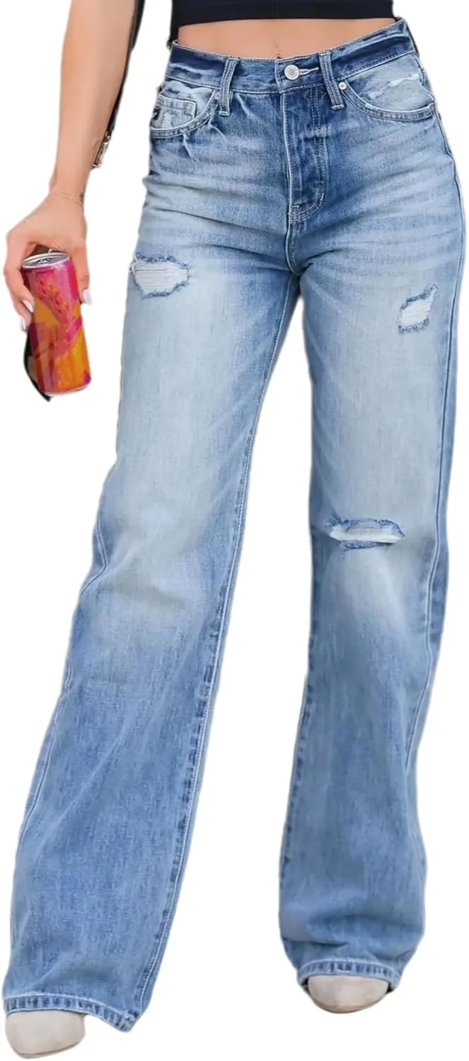 

Женские рваные джинсы с высокой талией и прямыми штанинами QLAUYIOE