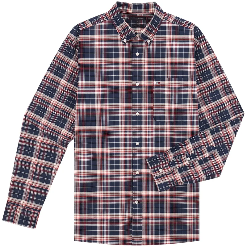 Tommy Hilfiger Рубашка мужская в клетку Navy Blue Red Plaid 0MT Lapel Moderate Others