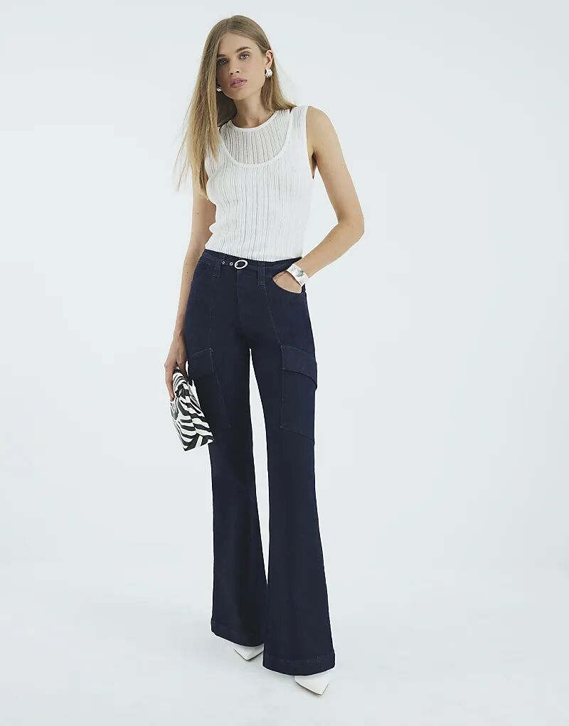 

Джинсы карго River Island с высокой посадкой, расклешенные, из денима, темного цвета