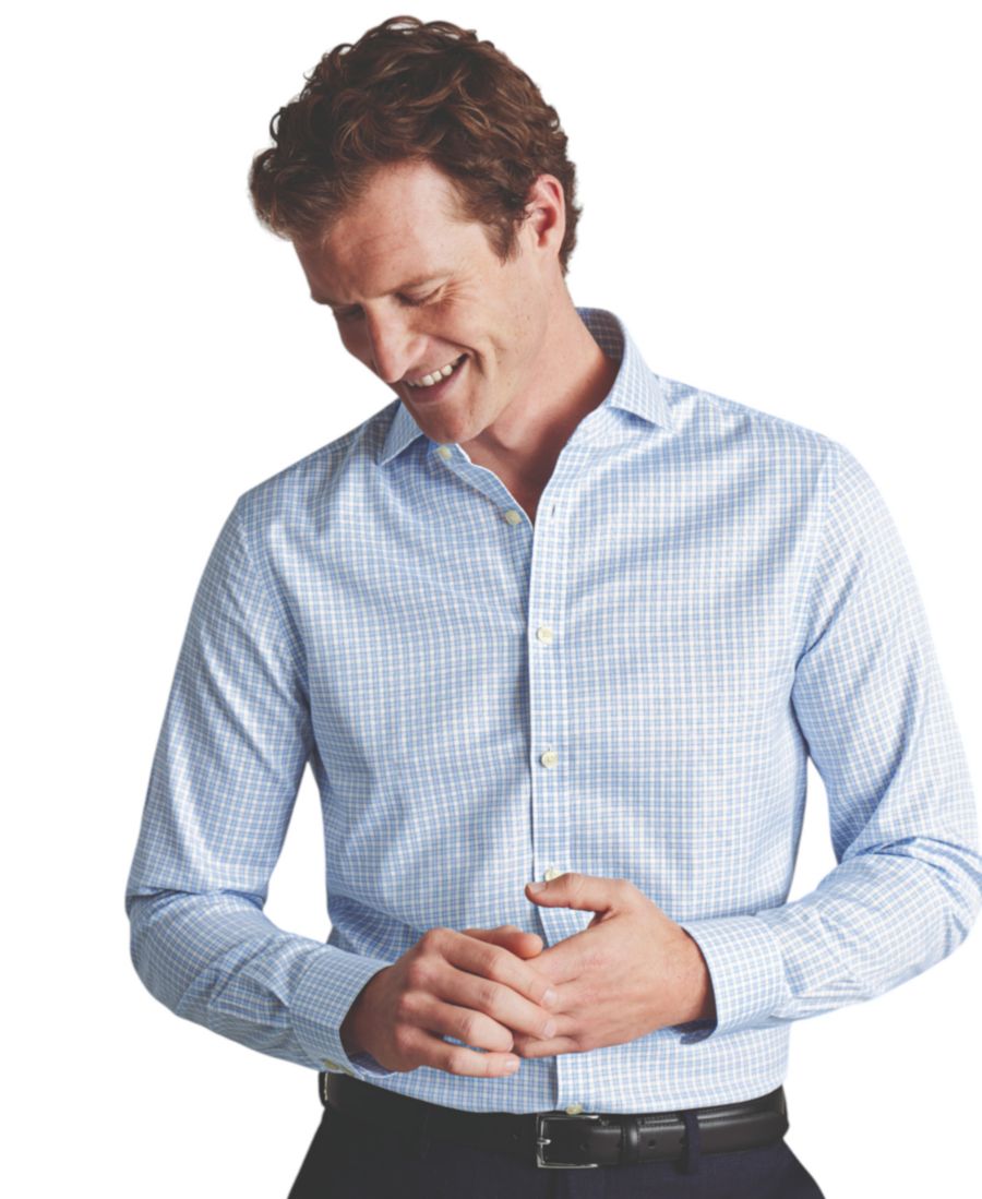 

Мужская приталенная рубашка из клетчатой саржи, не требующая глажки Charles Tyrwhitt, Cornflower Blue