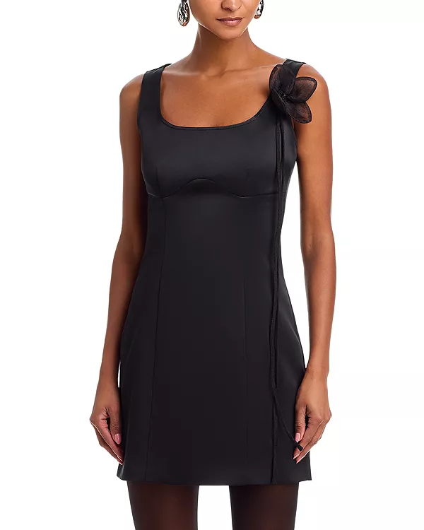 

Платье из атласа с цветочной аппликацией Rotate, черный