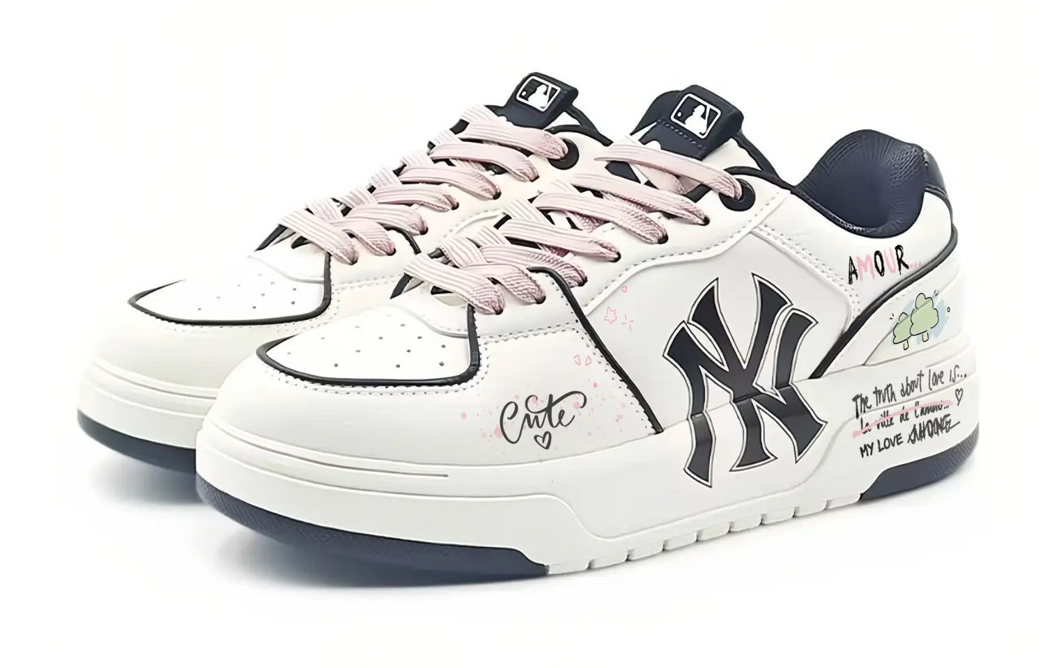MLB Chunky Liner Sweet Love Letter PU устойчивые к истиранию и скольжению низкие кроссовки для скейтбординга Unisex розовый белый — фото 4