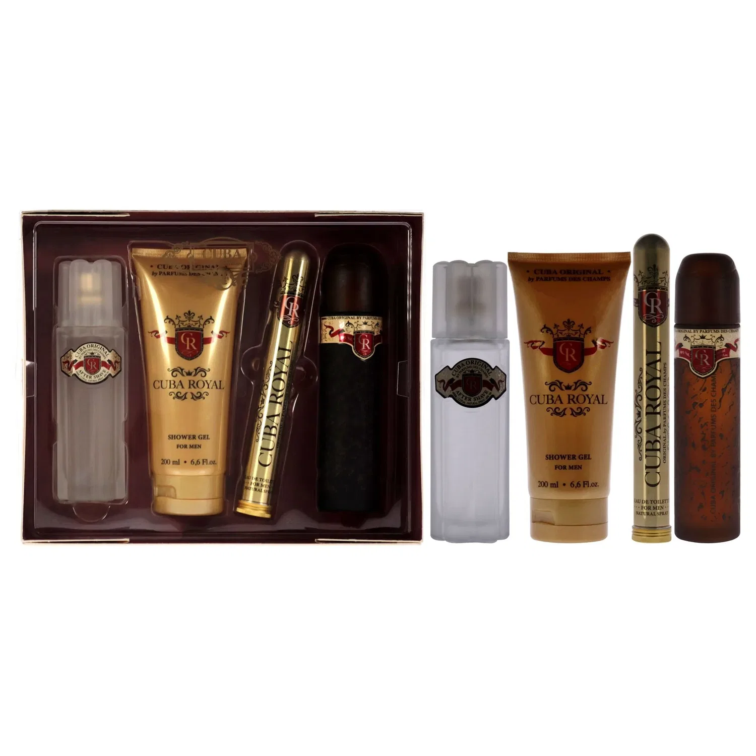 Набор Cuba Royal от Cuba для мужчин - подарочный комплект из 4 предметов: туалетная вода в спрее (99 мл), туалетная вода в спрее (35 мл), лосьон после бритья (99 мл), гель для душа (6,7 мл), коричневый