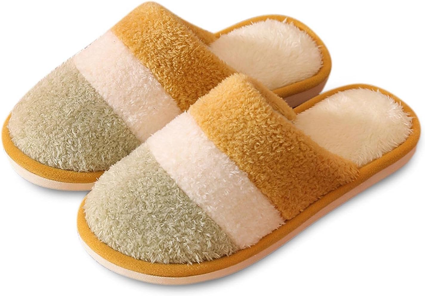 

Меховые пушистые тапочки Hbeylia для женщин, мужчин и пар, с полоску, закрытым носком, на плоской подошве, уютные домашние тапочки на осень и зиму, для дома и улицы, желтый