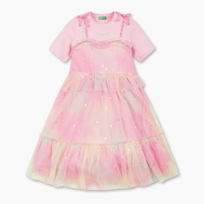 Детское платье с радужными цветами розовое от Benetton Kids