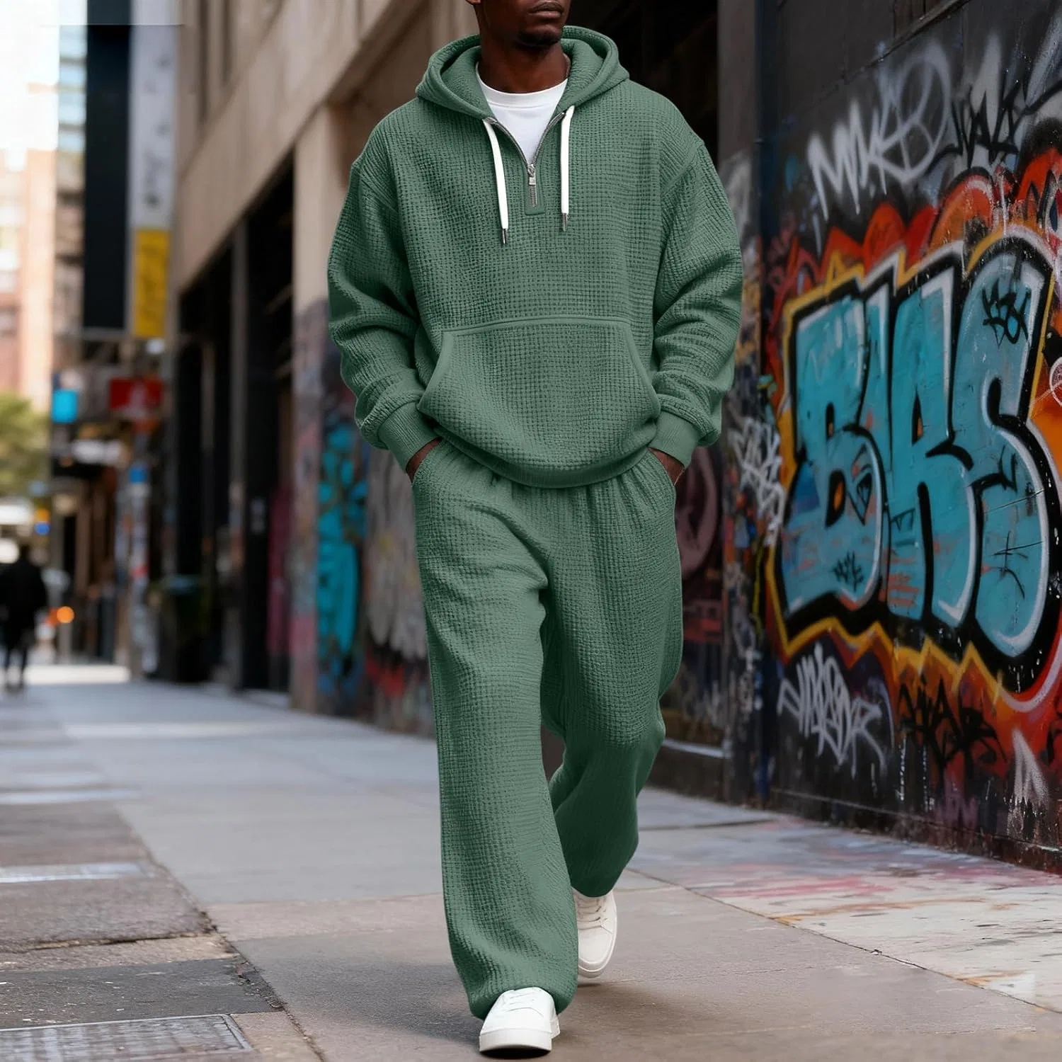 Костюм спортивный вафельный трикотаж, худи с молнией и штаны, K003-army Green — фото 2