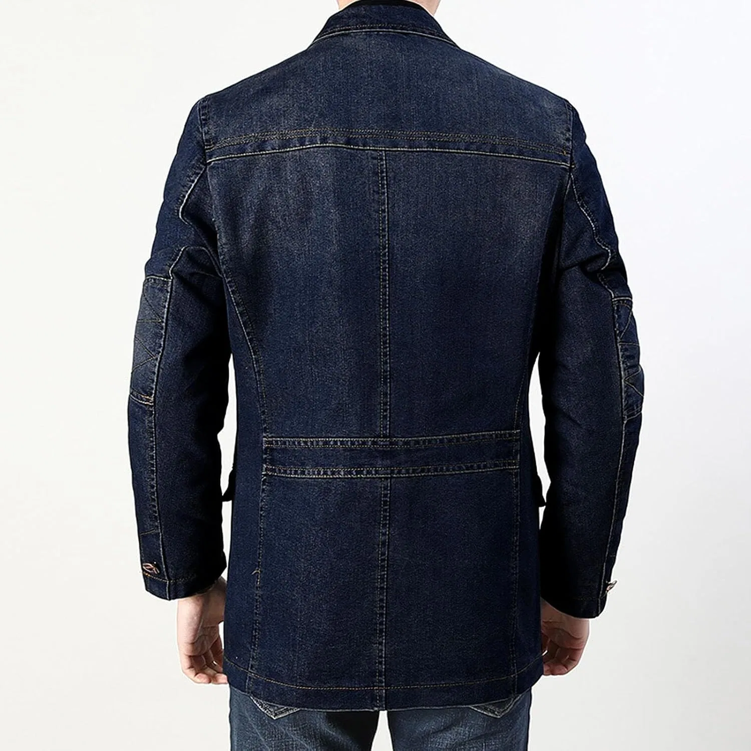 Мужская джинсовая куртка с тремя пуговицами Slim Fit лацкан блейзер спортивный пиджак винтаж джинсовый костюм Generic, темно-синий — фото 3