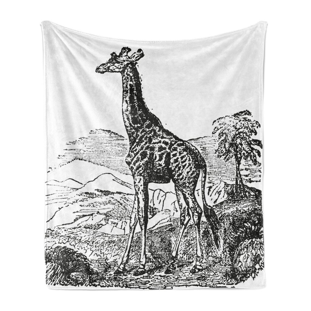

Мягкое фланелевое флисовое одеяло ABAKUHAUS Giraffe, гравировка естественной истории, уютный плюш для использования внутри и снаружи, 125 x 175 см, белый и темно-серый