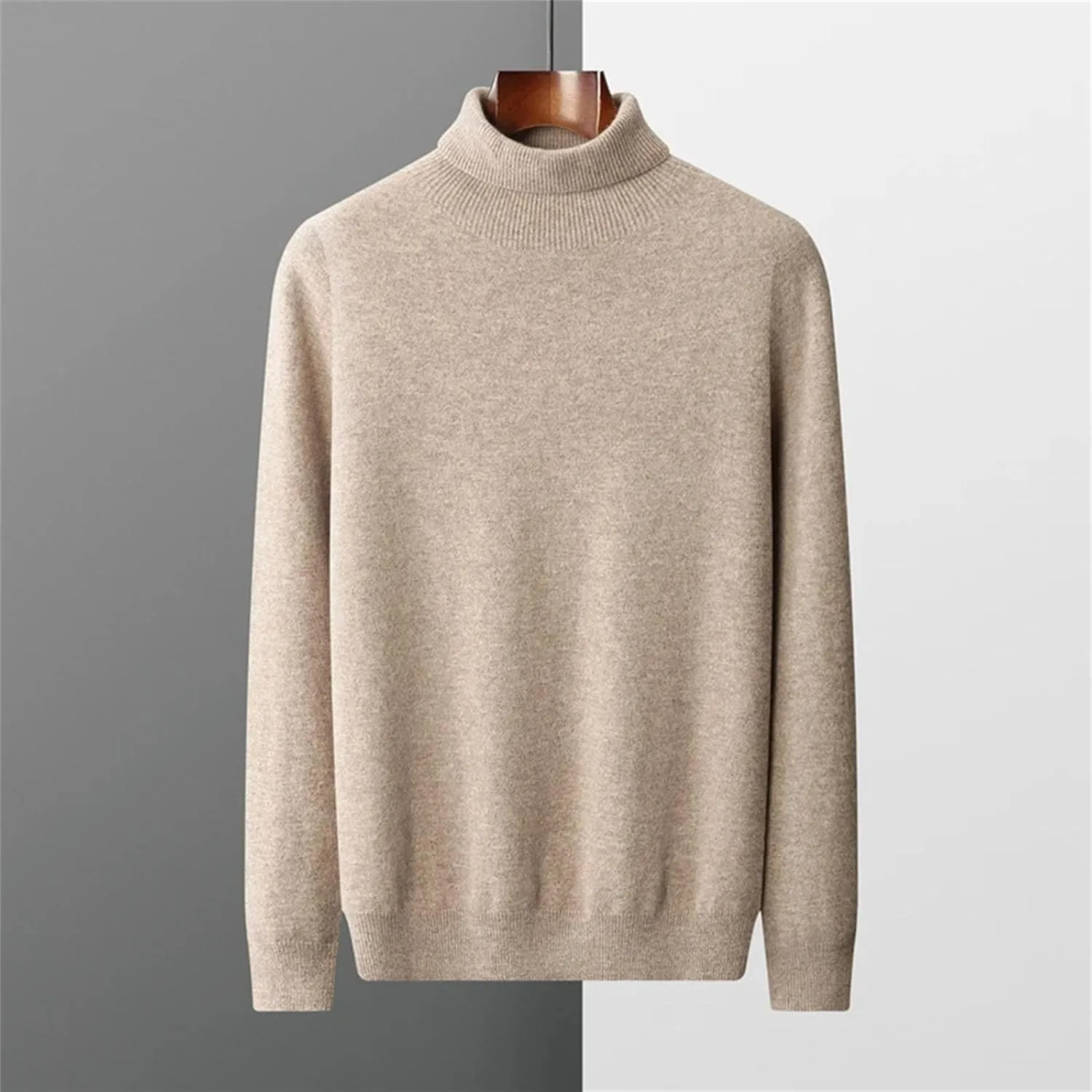 Мужской водолазка вязаный свитер Slim Fit однотонный мягкий теплый пуловер Generic, бежевый — фото 2