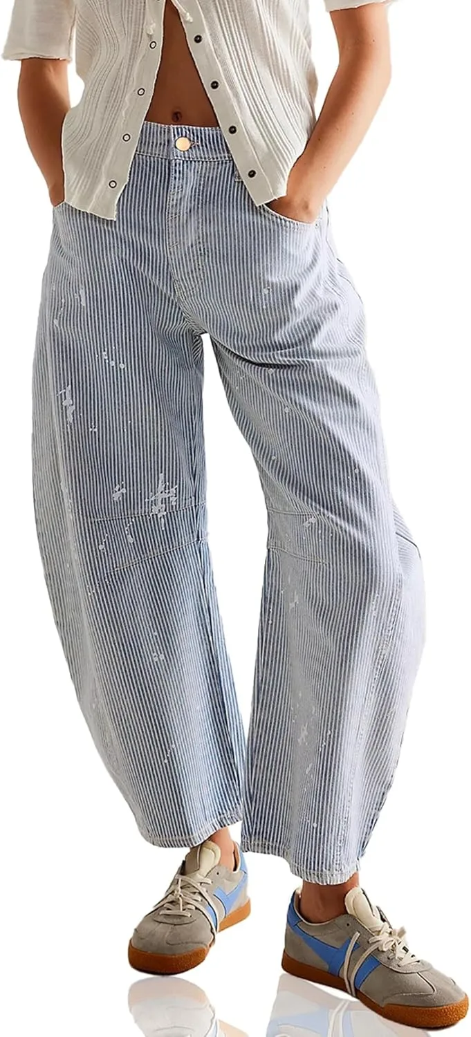 

Полосатые джинсы barrel для женщин модные укороченные с высокой талией PEIHOT