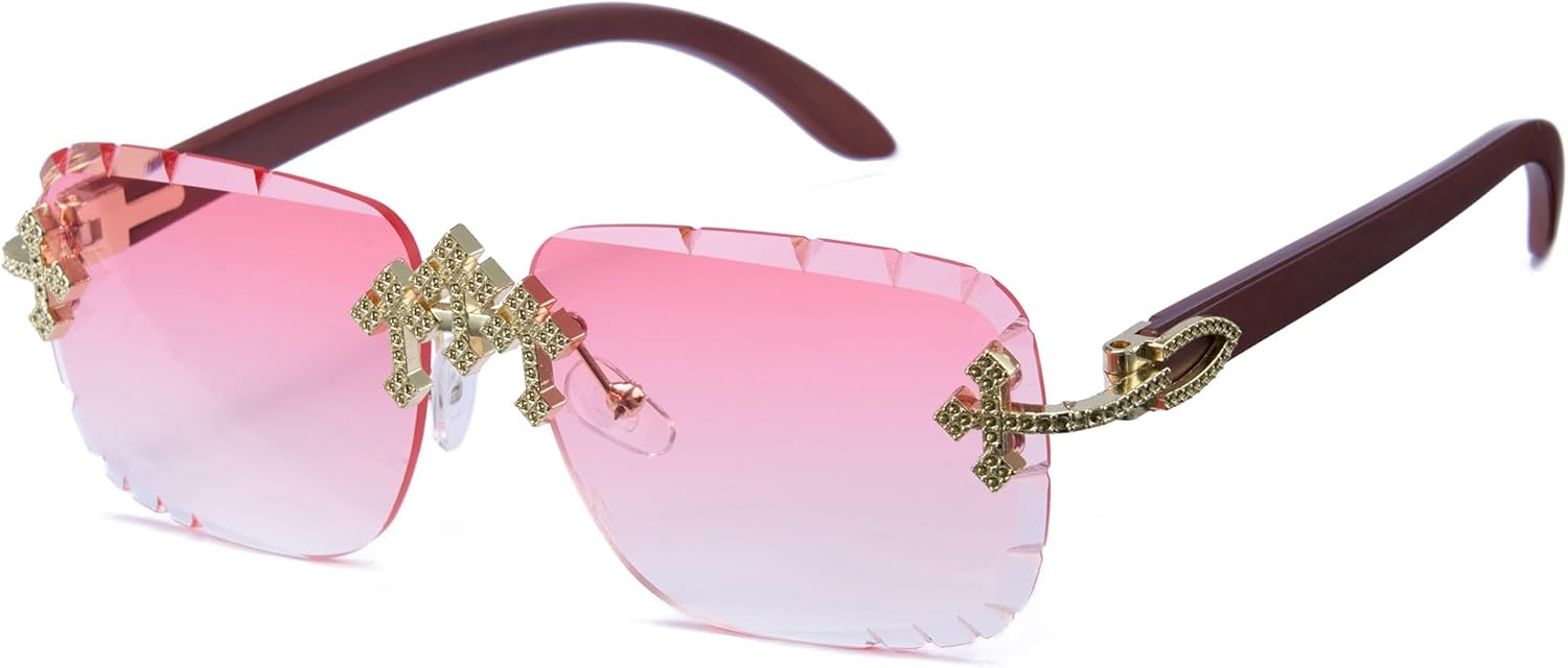 

Мужские солнцезащитные очки Cyxus без оправы с блестками, модные квадратные очки с золотыми крестообразными акцентами в стиле Y2K, уличная одежда для вечеринок и танцев, Dark Brown/Pink-1345