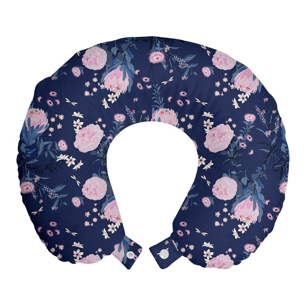 

ABAKUHAUS Flowers Travel Pillow Подушка для шеи, розовые цветы стрекозы, пенопластовые дорожные принадлежности для самолета и автомобиля, 30x30 см, лавандовый и лиловый