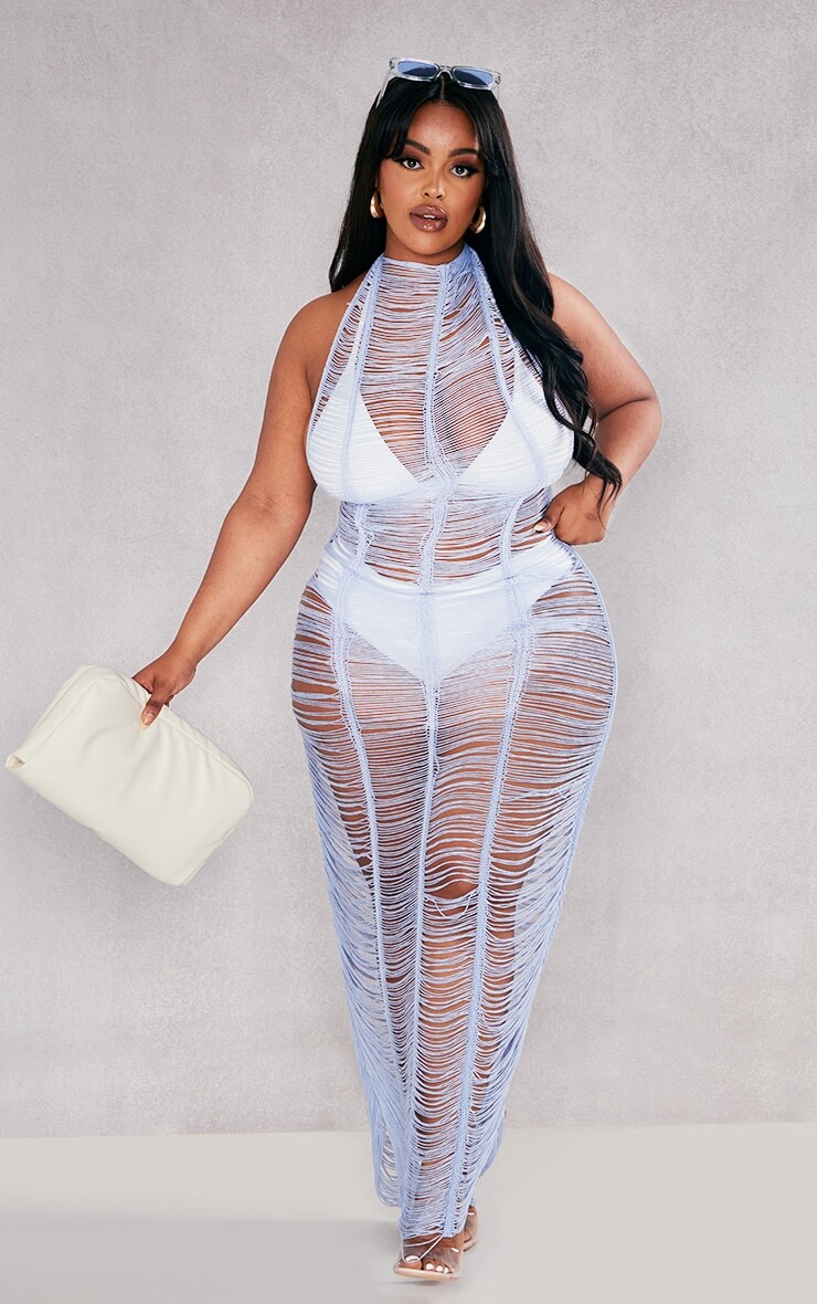 

PrettyLittleThing Трикотажное пляжное платье цвета морской волны с кисточками Plus
