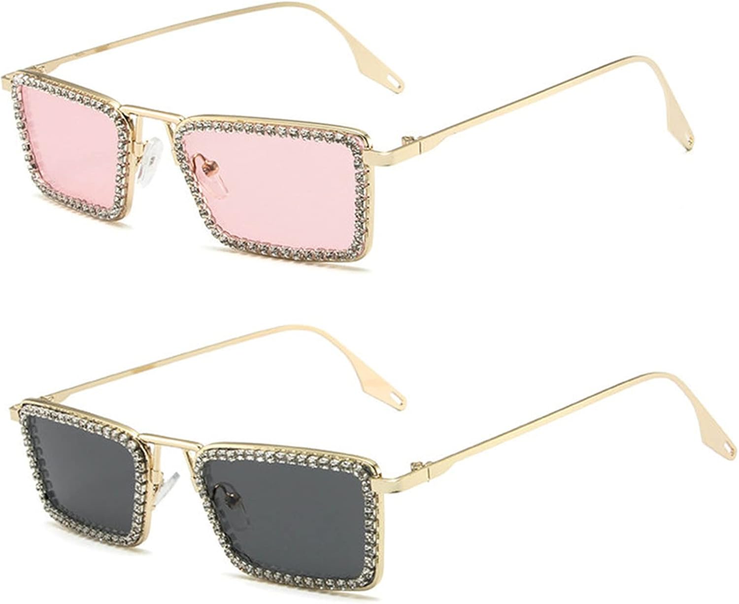 

Солнцезащитные очки Willochra прямоугольной формы со стразами, модные женские, маленькая квадратная оправа, бриллиантовые блестки, для вечеринок, хрустальные солнцезащитные очки, 2pcs-gold Black&pink