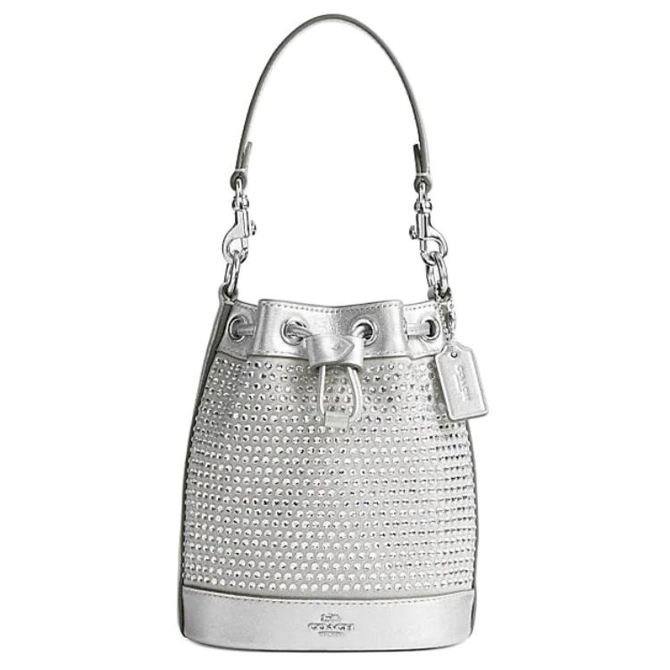 

COACH Сумка-ведро из ткани с кожаной вставкой, портативная кроссбоди, мини-сумка через плечо для женщин, серебристая