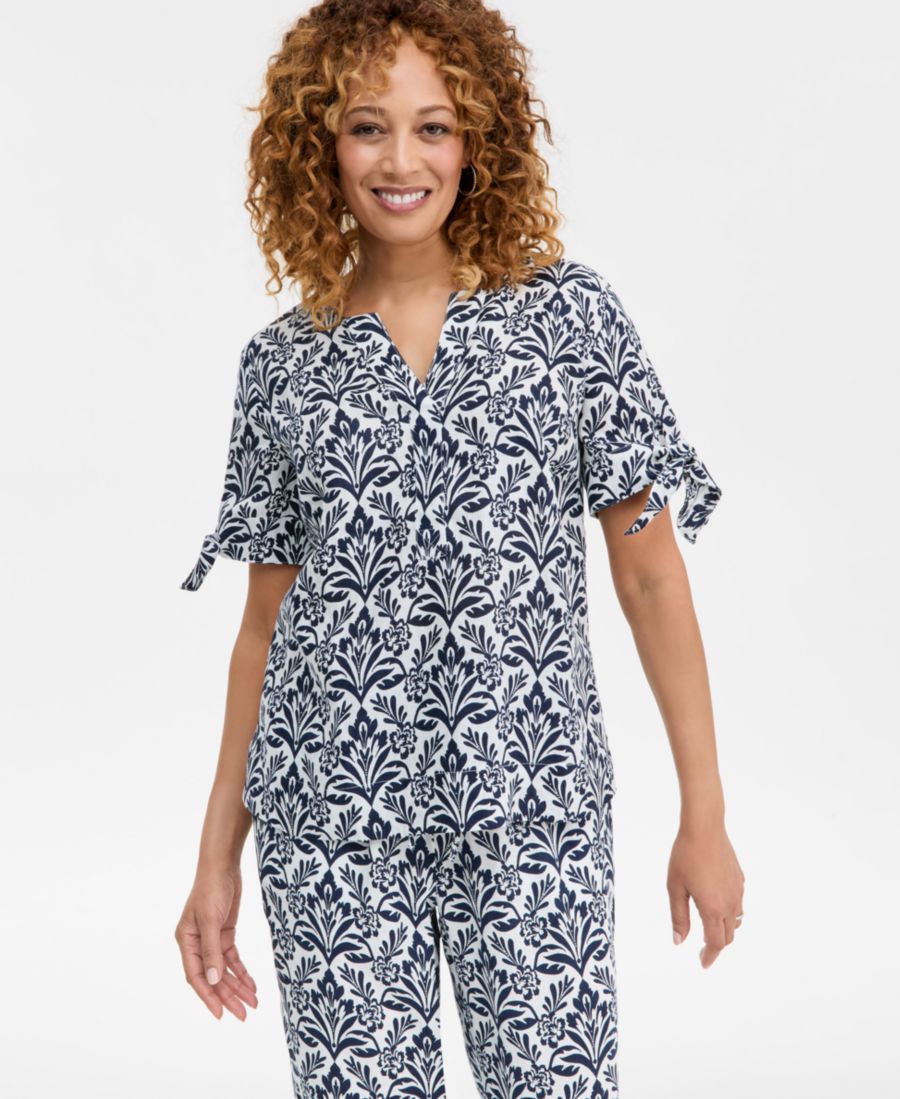 

Женская блузка из 100% льна с манжетами и разрезом на воротнике, эксклюзивно для Macy's Charter Club, Blue