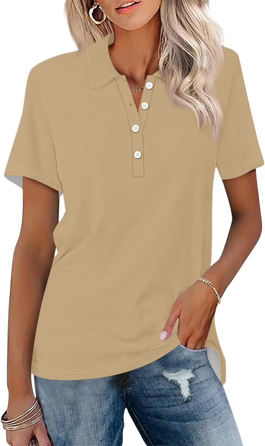 Женское поло с воротником-стойкой, Khaki, размерная линейка S-XXL