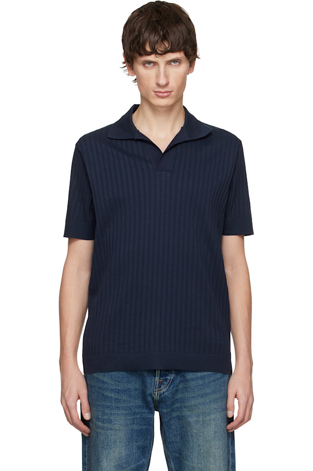

Paul Smith Поло из ребристого хлопка темно-синего цвета с открытым воротником
