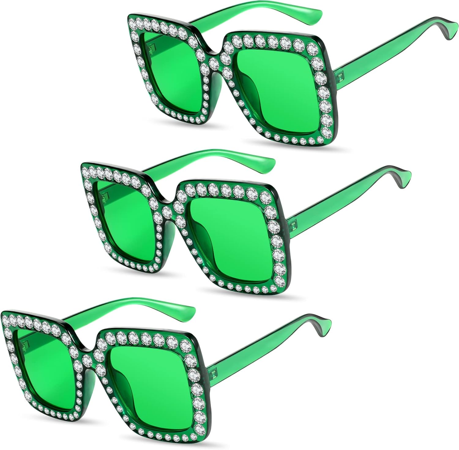 

Ecally 3 пары очков ко Дню Святого Патрика, зеленые квадратные солнцезащитные очки со стразами, большие диско-очки, аксессуары для женщин и мужчин, подарок на ирландскую вечеринку, Green