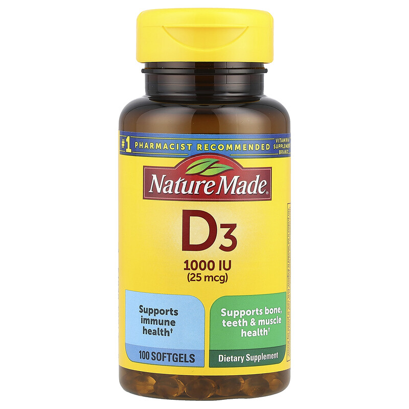 

Nature Made, Витамин D3, 25 мкг (1000 МЕ), 100 мягких таблеток