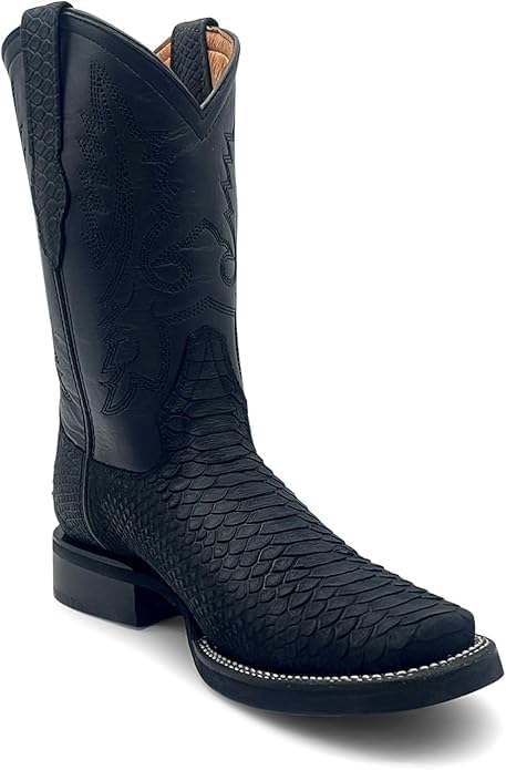 

Мужские черные вестерн-сапоги в стиле ковбой с тиснением под питона, квадратный носок, средняя голень, резиновая подошва, натягиваются, 26,5 см голенище, каблук 3,2 см, подкладка из натуральной кожи, ручная работа, прочные и удобные Generic