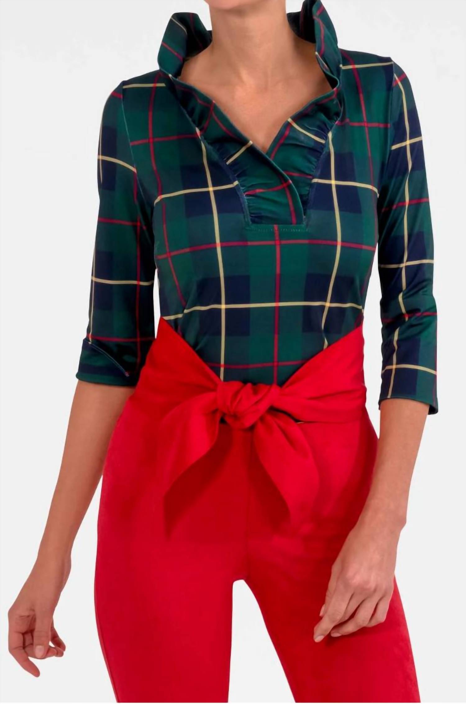 

Топ с воротником-стойкой и оборкой в зеленую клетку Cooper GRETCHEN SCOTT