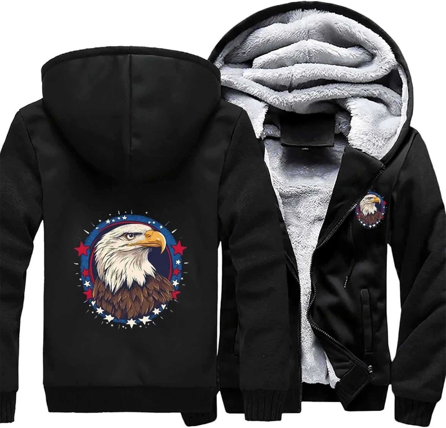 Bald Eagle1 4th of July утепленный мужской худи толстый флисовый джекет с карманами на зиму Generic, черный — фото 3