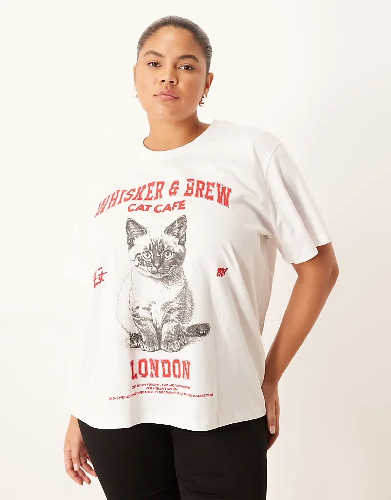 

Футболка ASOS DESIGN Curve прямого кроя с принтом Cat Cafe белого цвета Asos Curve