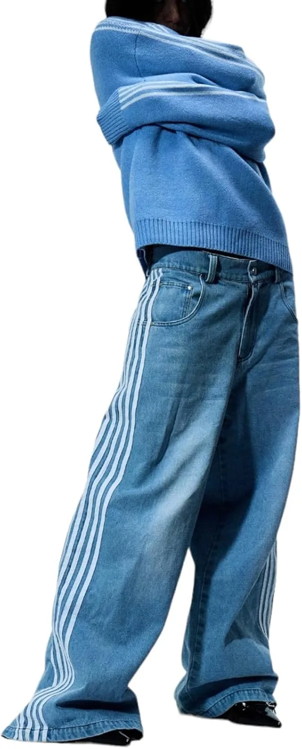 

Mxiqqpltky женские джинсы wide leg high waist с боковой полосой