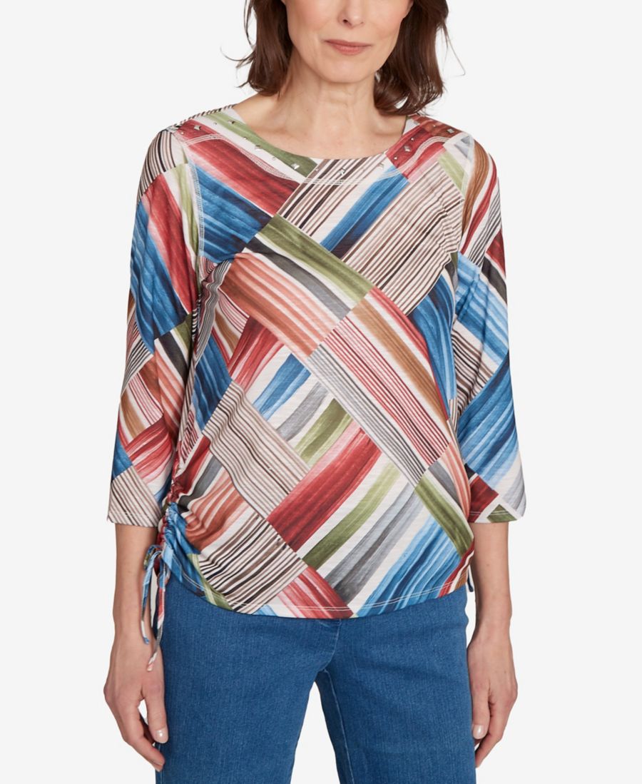 

Классический женский топ в полоску с лоскутным узором и сборками по бокам Alfred Dunner, Blue Multi