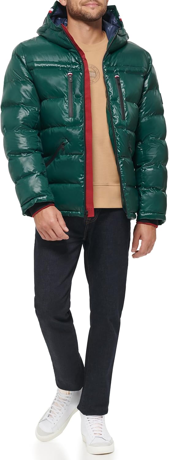 Мужская блестящая стеганая куртка Tommy Hilfiger Mens с логотипом средней толщины, Green — фото 2