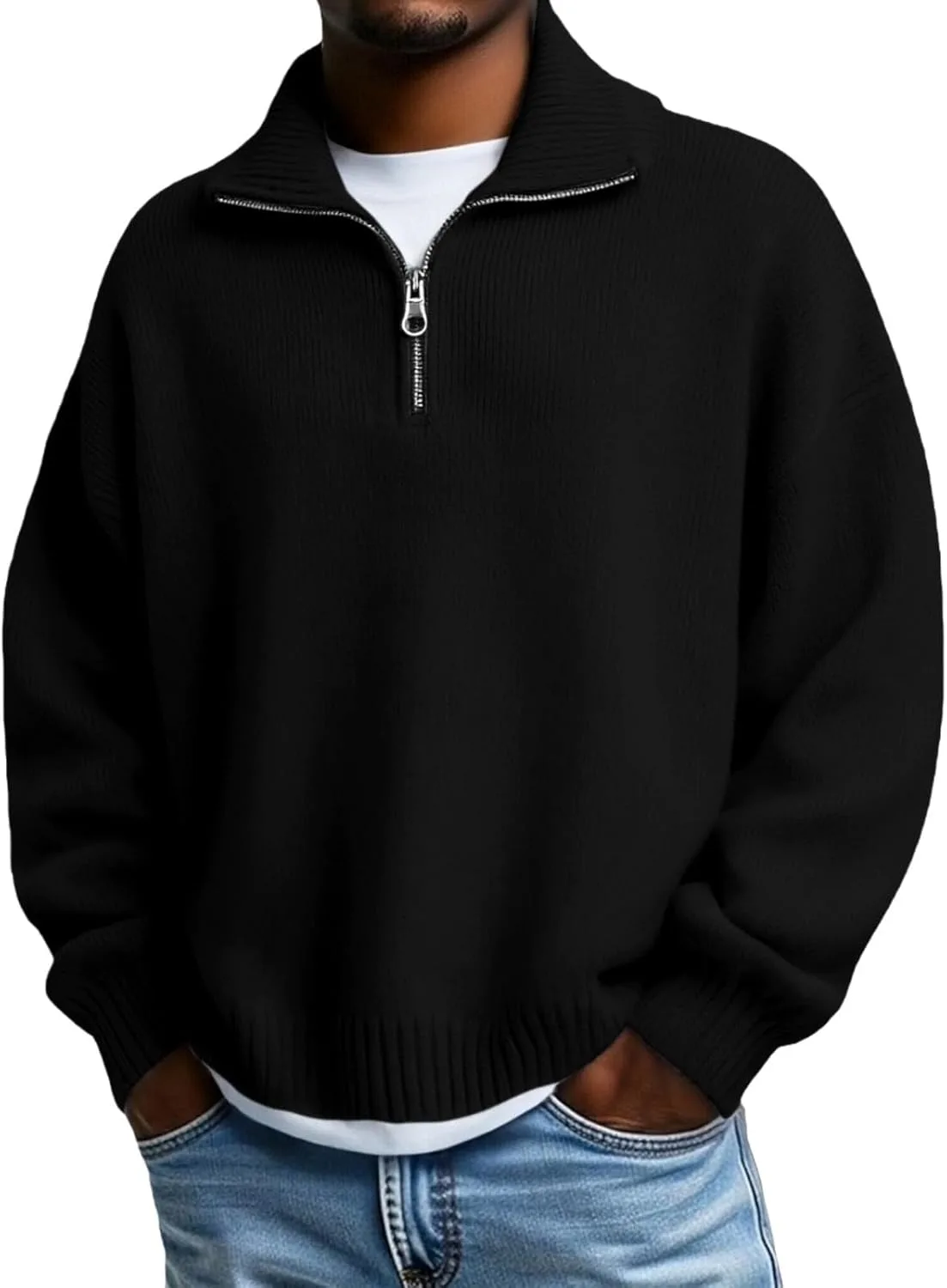 

CRNTCEM Полу-зиппер свитер для мужчин, тяжелый вязаный пуловер с воротником