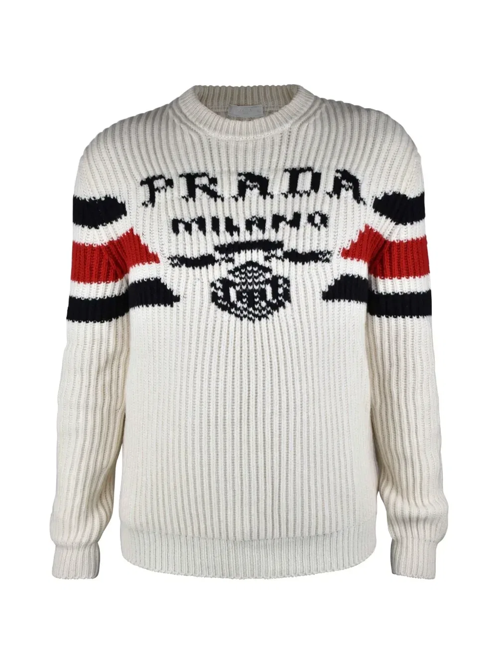 Кашемировый свитер в полоску с логотипом Prada, бежевый